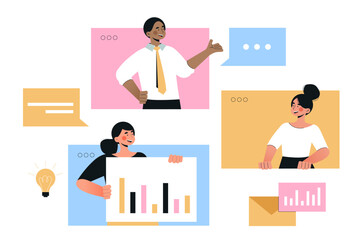 Teamwork online concept. Man and women work at common project. Workers and partners with statistics and infographics. Collaboration and cooperation, brainstorming. Cartoon flat vector illustration