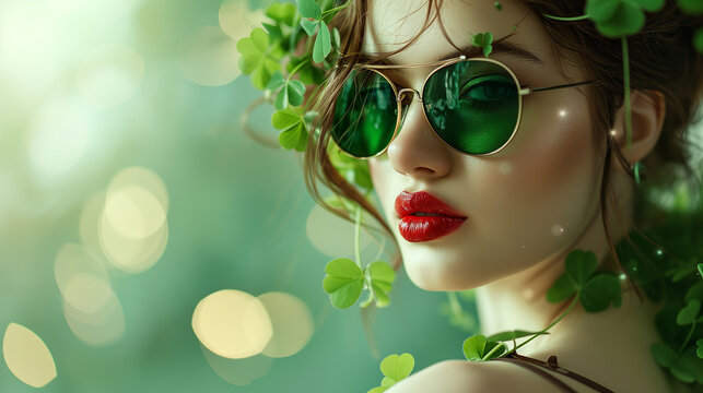 St. Patrick's Day. Beautiful smiling woman wearing green hat. Green background. - Powered by Adobe