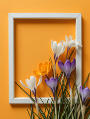 A crocus flower with a letter on a blue background with imitation boards.