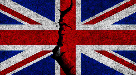 Fototapeta premium United Kingdom (UK) flag on cracked wall background. United Kingdom (UK) crisis, political division, conflicts concept