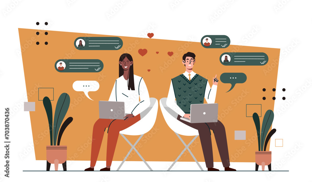 Poster texting message concept. man and woman with laptop communicate in social networks and messengers. in