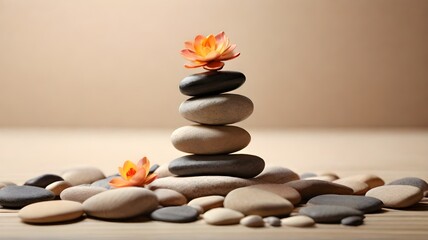 Stack of zen stones with flower on wooden table, closeup
