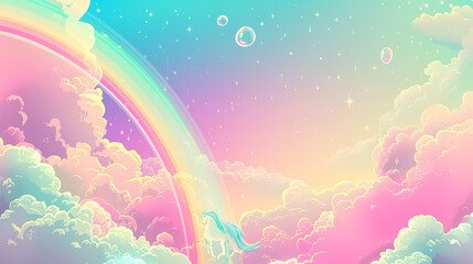 Fototapeta na wymiar Magical unikorn character illustration on colorful background with a rainbow cloud