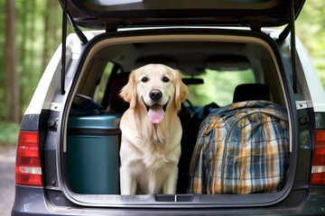 Golden retriever sitting in the back of a car with luggage