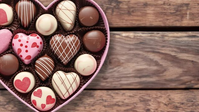 Assorted chocolates in a heart shaped box on a rustic wooden table background, valentines day