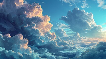 Fototapeta na wymiar Blue Summer Sky Panorama Puffy Cumulus, Background Banner HD
