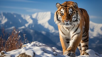 Fototapeta na wymiar Majestic Tiger Prowling in Snowy Mountainscape