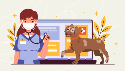 Online veterinarian service. Woman in medical uniform with stethoscope near dog and laptop. Treatment of domestic animals. Cartoon flat vector illustration isolated on beige background