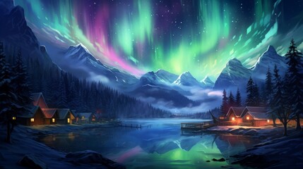 Aurora Borealis Display over Cozy Mountain Cabins