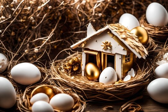 A unique image showcasing a souvenir toy building, resembling a house nestled within a nest, 