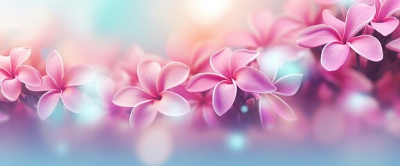 Fototapeta na wymiar Panorama of blossoming Frangipani flower with color filter on soft pastel color in blur style for banner or cards background. Spring landscape of pink Plumeria flower. Bright colorful spring flowers