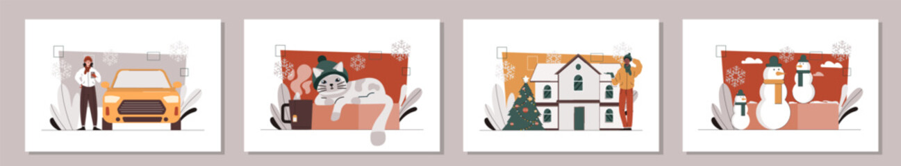 Winter time posters set. New Year and Noel Eve, Christmas season. People near cozy home. Snoowman and cat at present or gift box. Cartoon flat vector collection isolated on grey background