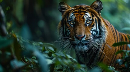 Intense Tiger Staring from Lush Jungle Undergrowth