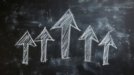 Arrows that show an uptrend are drawn with chalk on a blackboard. Conceptual advertising background