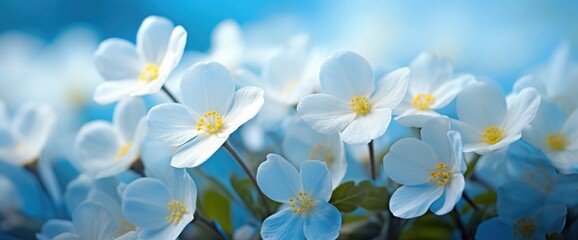 Spring forest white flowers primroses on a beautiful blue background macro - obrazy, fototapety, plakaty