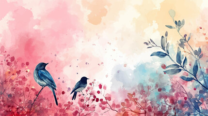 Watercolor floral background with bird. Hand drawn vector art.
