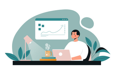 Man work online concept. Freelancer and remote worker at workplace. Young guy with online earnings with laptop. Hardworking employee with graphs and diagrams. Cartoon flat vector illustration