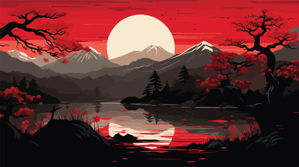 Japan Mount Fuji, autumn season, clear cloudy red sky at dusk, red forest, lake and mountains, moon. Japan nature landscape vector illustration. Travel to Asia background