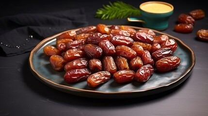 Plate with dried dates for Ramadan. copy space - generative ai