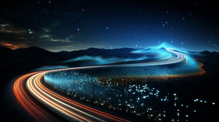Futuristic Highway with Digital Neon Lights and Starry Sky