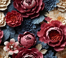 3d peonies flower in seamless pattern