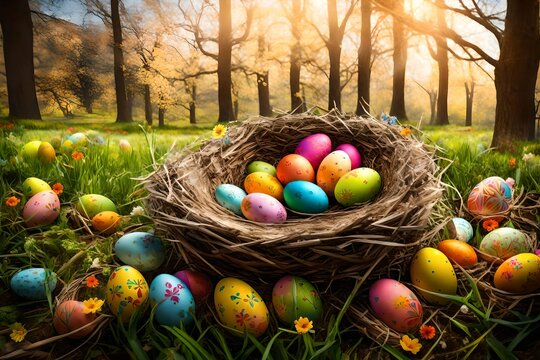 A picturesque image showcasing a nest brimming with colorful Easter eggs, artfully placed on a lush meadow, blending the vibrancy of spring colors with the natural beauty of the outdoors.