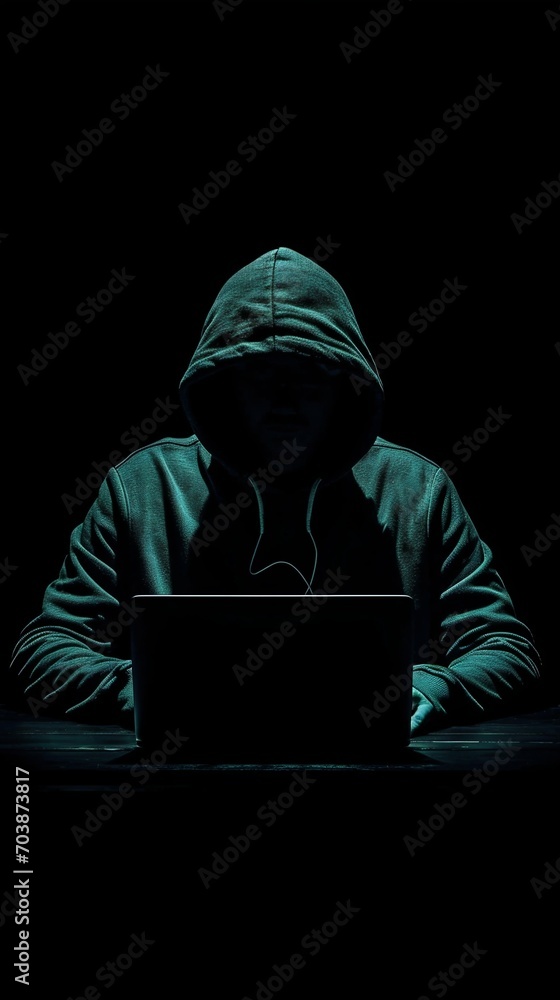 Poster anonymous hacker with laptop in dark room. generative ai