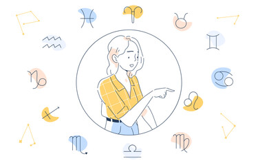 Woman with zodiac signs doodle. Young girl with astrological signs. Gemini and Libra, Lion and Cancer. Character with horoscope. Linear flat vector illustration isolated on white background