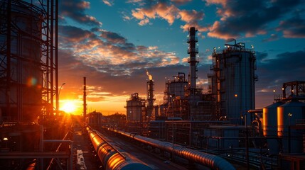Fototapeta na wymiar Industrial Refinery Plant at Sunset with Pipes and Towers