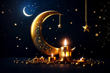 Obraz na płótnie Canvas Islamic golden lantern stands burning candle light and arab ornament with shining crescent moon ramadan background