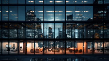 Modern Office Building Interior View with Urban Skyline Reflection
