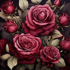 burgundy roses flowers luxury floral seamless pattern in classic dark style