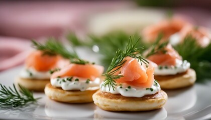 Mini blinis topped with smoked salmon, a dollop of crame fraache, and a sprig of dill - obrazy, fototapety, plakaty