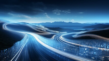 Futuristic Digital Data Highway Through Mountainous Landscape