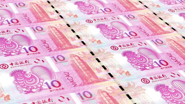 Macau Macao Avos Patacas 10 Banknotes Money Printing House, Printing Ten Macao Avos Patacas, Printing Press Machine Print out Macao Avos Patacas, Being printed by currency press machine 10 Rooster