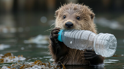 A wet otter holds a plastic bottle, highlighting environmental issues.