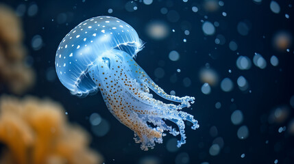 A single blue jellyfish with white spots drifting in deep sea