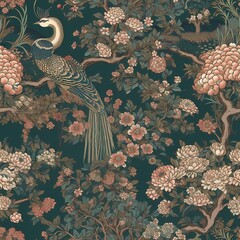 chinoiseries peacock with flower seamless pattern
