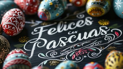 colorful easter eggs with calligraphy text Felices Pascuas, banner