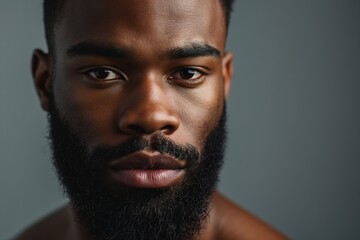 Obraz premium Portrait of young hadsome serious bearded African American man on grey background with copy space