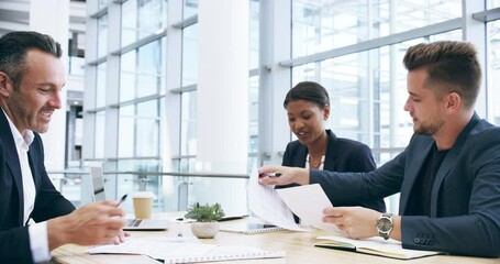 Happy business people, documents and meeting in planning for teamwork or collaboration at office. Group of employees smile with paperwork in brainstorming, strategy or corporate ideas at workplace - Powered by Adobe