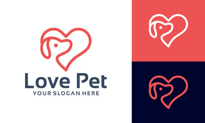 pet love logo design with heart and dog head concept