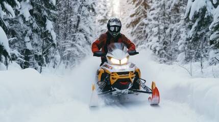 Fototapeta na wymiar Athlete on snowmobile moving in winter forest in snow mountains.