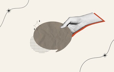 Hand holding a speech bubbles. Social media communication. Collage contemporary art isolated Halftone design. For creative ideas, quote.