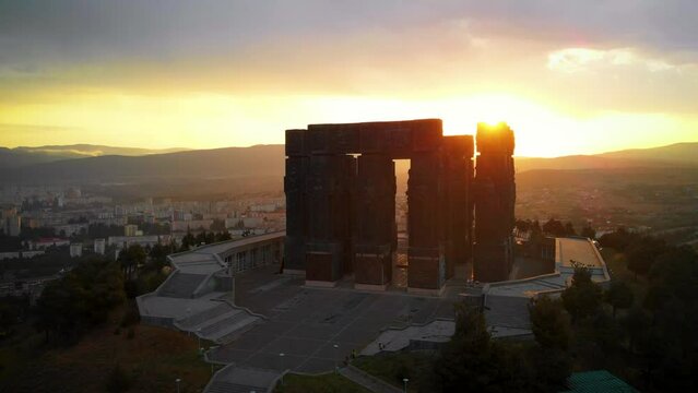 Aerial view of Monument History of Georgia, North of Tbilisi. Sunset, sunrise, overcast sky. summer time.