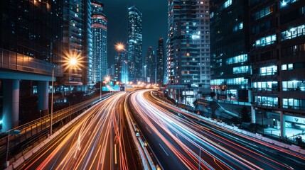 Fototapeta na wymiar Vibrant Long Exposure of Urban Traffic at Night in Modern City