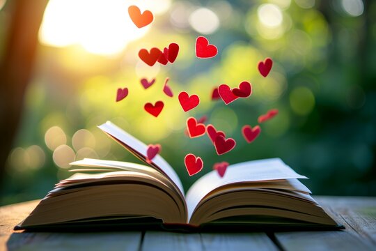 Concept of a love story book. An open book with hearts flying out of it, lying on wooden table, with blurred green park trees on background