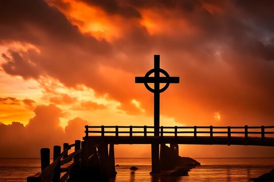 A powerful image capturing the silhouette of a Christian cross positioned at the railhead of a wooden bridge