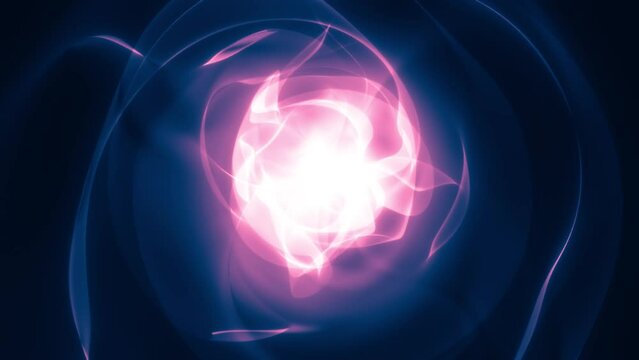 Animated background in pastel colors, gradient shiny neon energy core, atomic nucleus explosion. Futuristic abstract 3D rendering of glowing pink blue atom 4K. Soft smoke sphere or liquid shape.