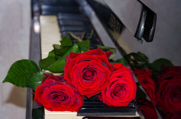 Red roses on an old piano
